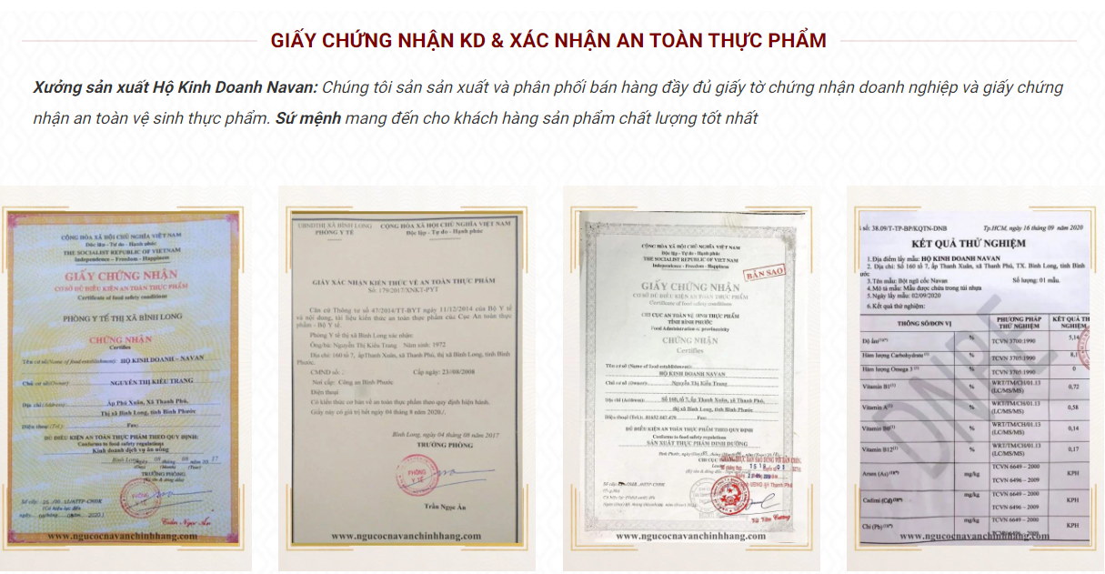 Sản phẩm có đầy đủ giấy chứng nhận & xác nhận an toàn vệ sinh thực phẩm