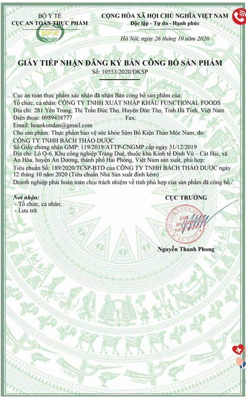 Sâm Bổ Kiện Thảo Mộc Nam giấy chứng nhận an toàn
