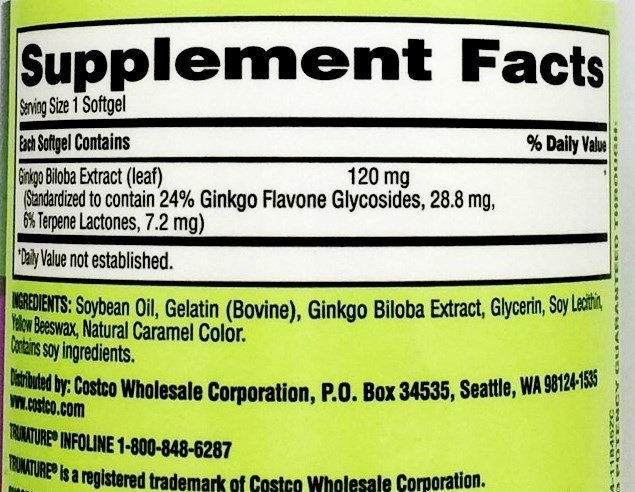 Ginkgo Biloba 120mg Trunature bao gồm những thành phần sau: