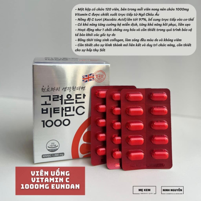 Viên uống vitamin C Eundan với 100% nguyên liệu Vitamin C 1000mg nhập khẩu độc quyền từ Anh Quốc.